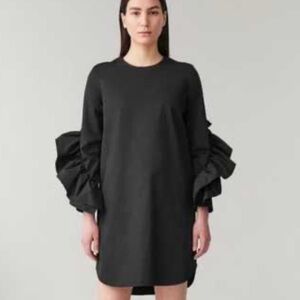 COS black Womens cotton long sleeve ruffle midi dress 6